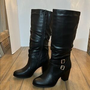 Amazon Black Heeled Boots with Buckle Detail size 10